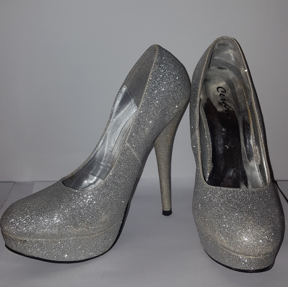 Silver glitter platform heels
